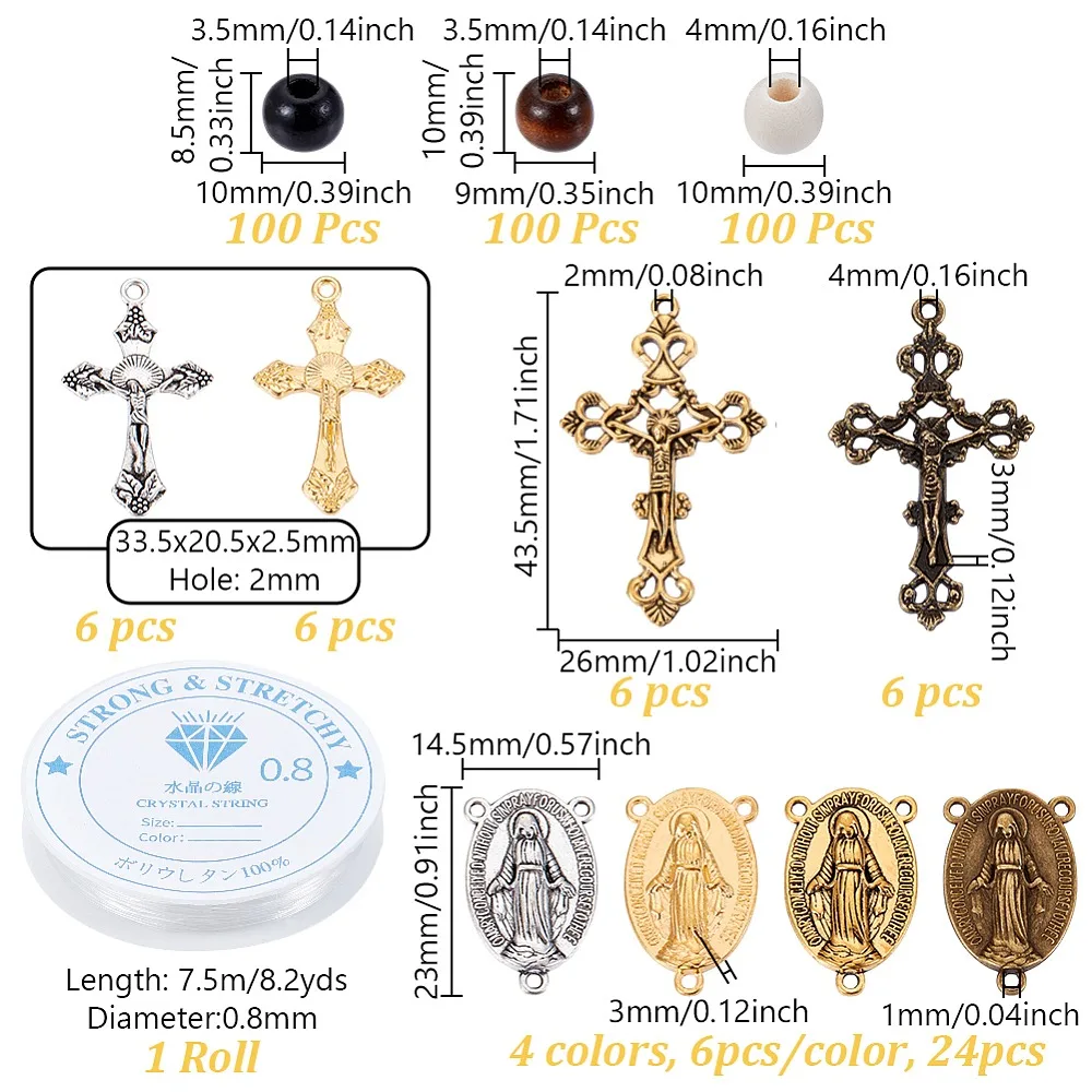 

DIY Rosary Jewelry Making Kits including Wood Beads Elastic Thread Alloy Pendant Links Mixed Color 10mm Hole: 4mm