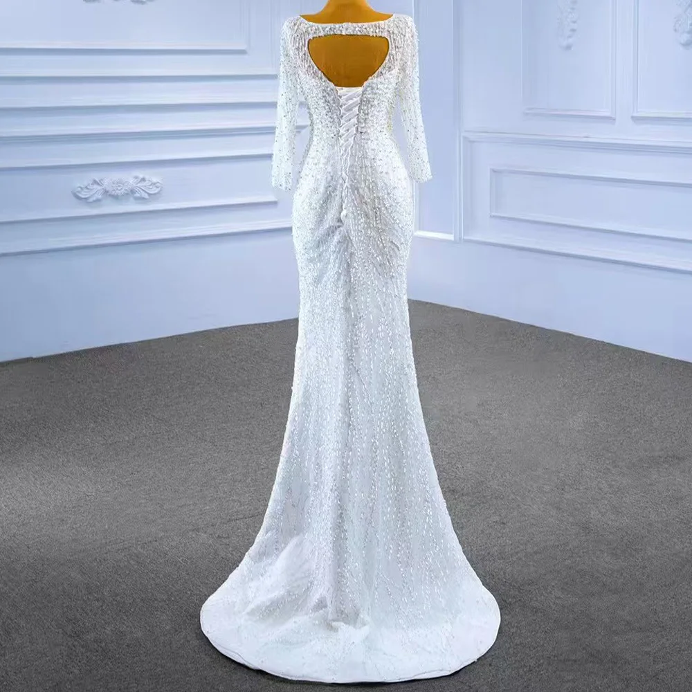 Luxury Sheath O-Neck Bridal Dress With Detachable Train Long Sleeves Lace-Up Keyhole Back Pearls Fit Wedding Gown