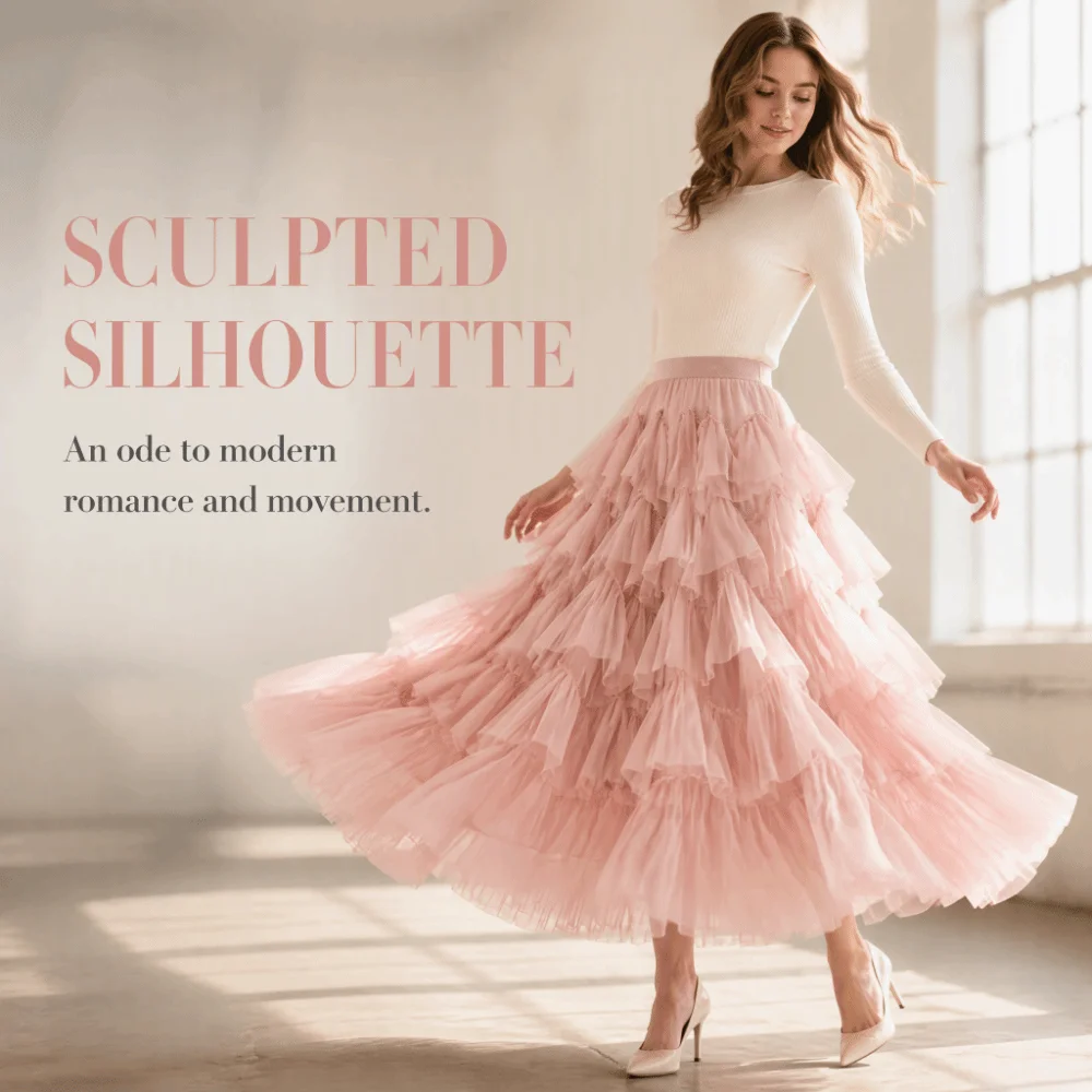 Solid Color High Waist Skirt Elastic Waist Medium Length A Line Skirt Pleated Design Polyester Fabric Cake Skirt Spring Season