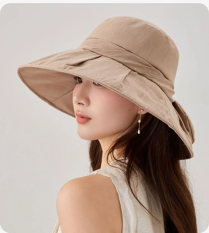 

Женская тканевая шляпа с бантом и полями, элегантная складная шляпа от солнца, защита от УФ-излучения, мягкая рыбацкая шляпа