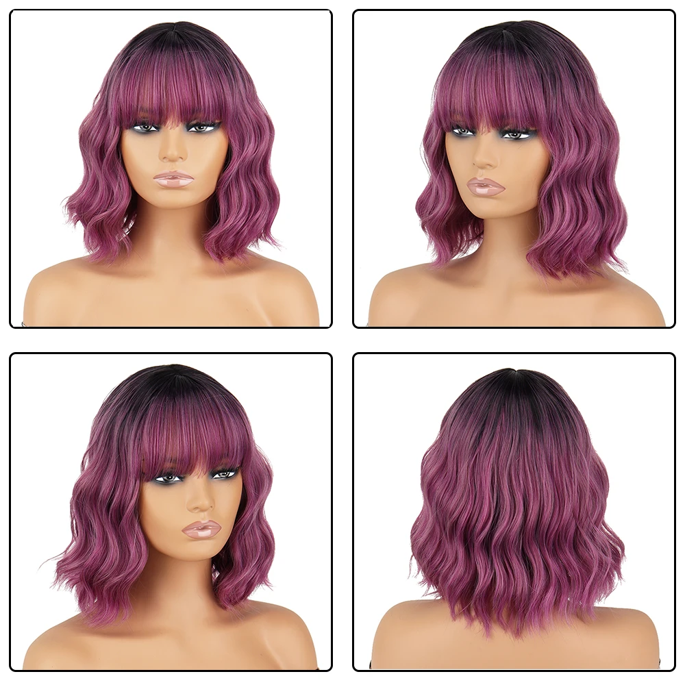 WERD Short Bob Wave Synthetic Wigs Purple Ombre For Women With Bangs Red Pink Black Synthet Natural Lolita wig