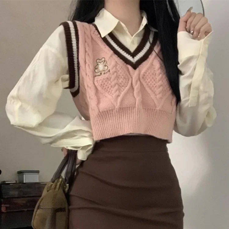 Harajuku Sweet Pink Knitted Vest for Woman 2024 Autumn New V-neck Sweater Vests Y2k Grunge Slim Fit Sleeveless Tops Mujer