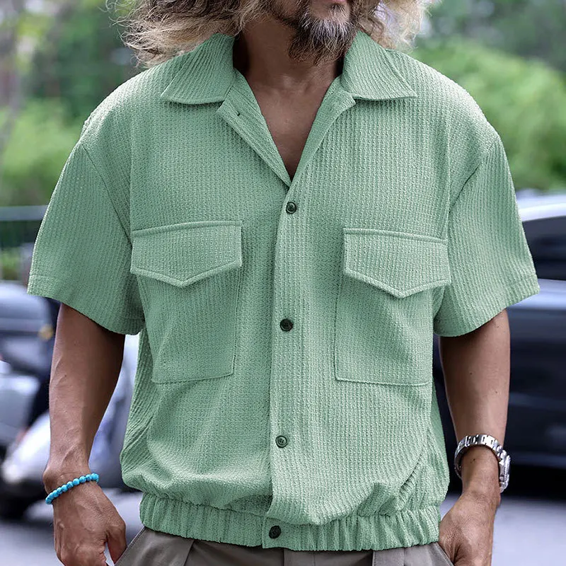 Camisas de manga curta masculina, blusa solta casual masculina, de peito único, gola virada para baixo, tops de malha, respirável, verão, 2022