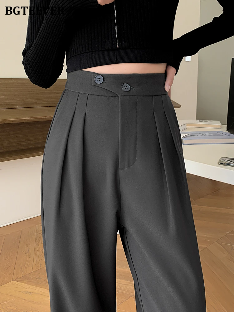 BGTEEVER Elegant High Waist Loose Pockets Female Wide Leg Suit Pants Spring Summer Stylish Solid Straight Trousers Women