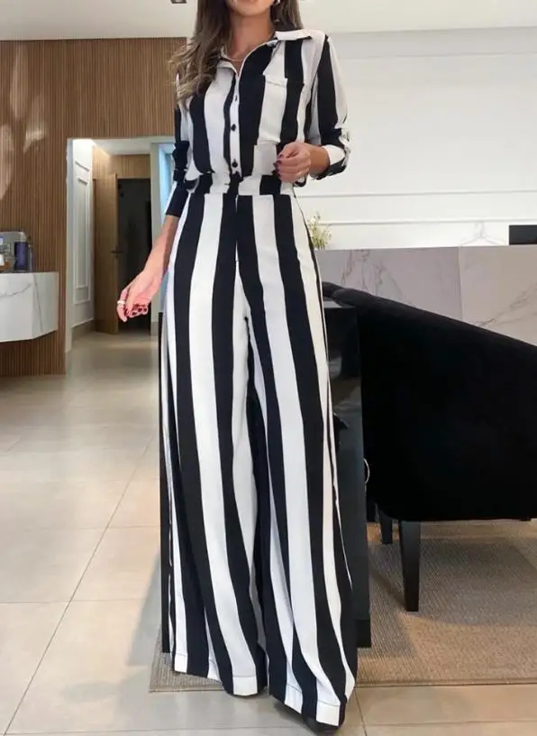 Two Piece Set for Women 2024 Spring Summer Elegant Turn-Down Collar Long Sleeve Striped Pocket Design Shirt & Wide Leg Pants Set