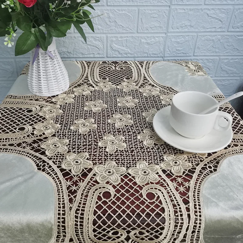 Best European Crochet Stitching Velvet Fabric Square Tablecloth Table Mat Set Tableware Oven Air Conditioner Dust Cover Cloth