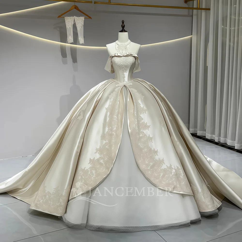 

Роскошное свадебное платье, атласное бальное платье принцессы с коротким рукавом и вырезом лодочкой, новинка, платье невесты по индивидуальному заказу, платья de novia boda