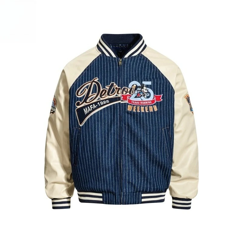 

American Retro Letter Embroidery Stripe Patchwork Thickened Jacket Unisex Winter Warm Padded Coat