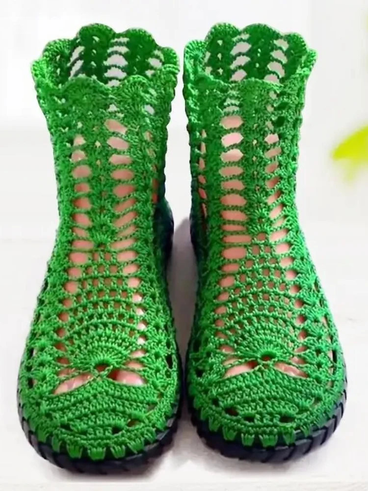 Chaussures DIY en crochet, matériaux tissés à la main, semelles d'été au crochet, semelles en caoutchouc anti-choc + pantoufles tricotées à la main à la ligne creuse, bottines courtes