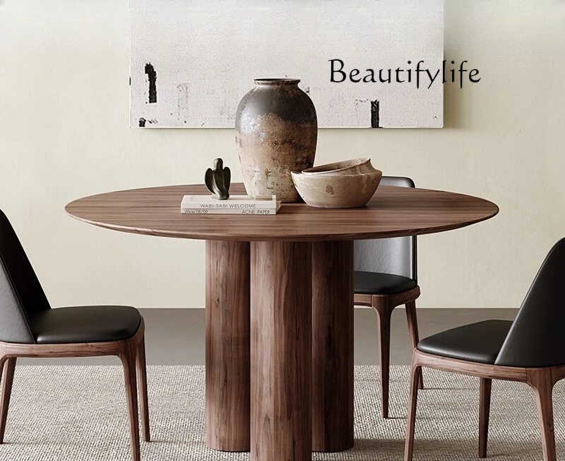 

Designer round dining table Nordic solid wood small apartment retro black walnut home medium and ancient style