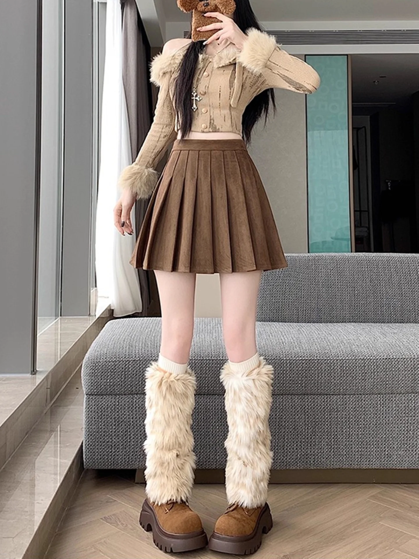 High Waist A-Line  Skirt Women's Fall Fashion Pleated Leather Skirt Anti-Light Sister Fat Suede Half-length Skirt