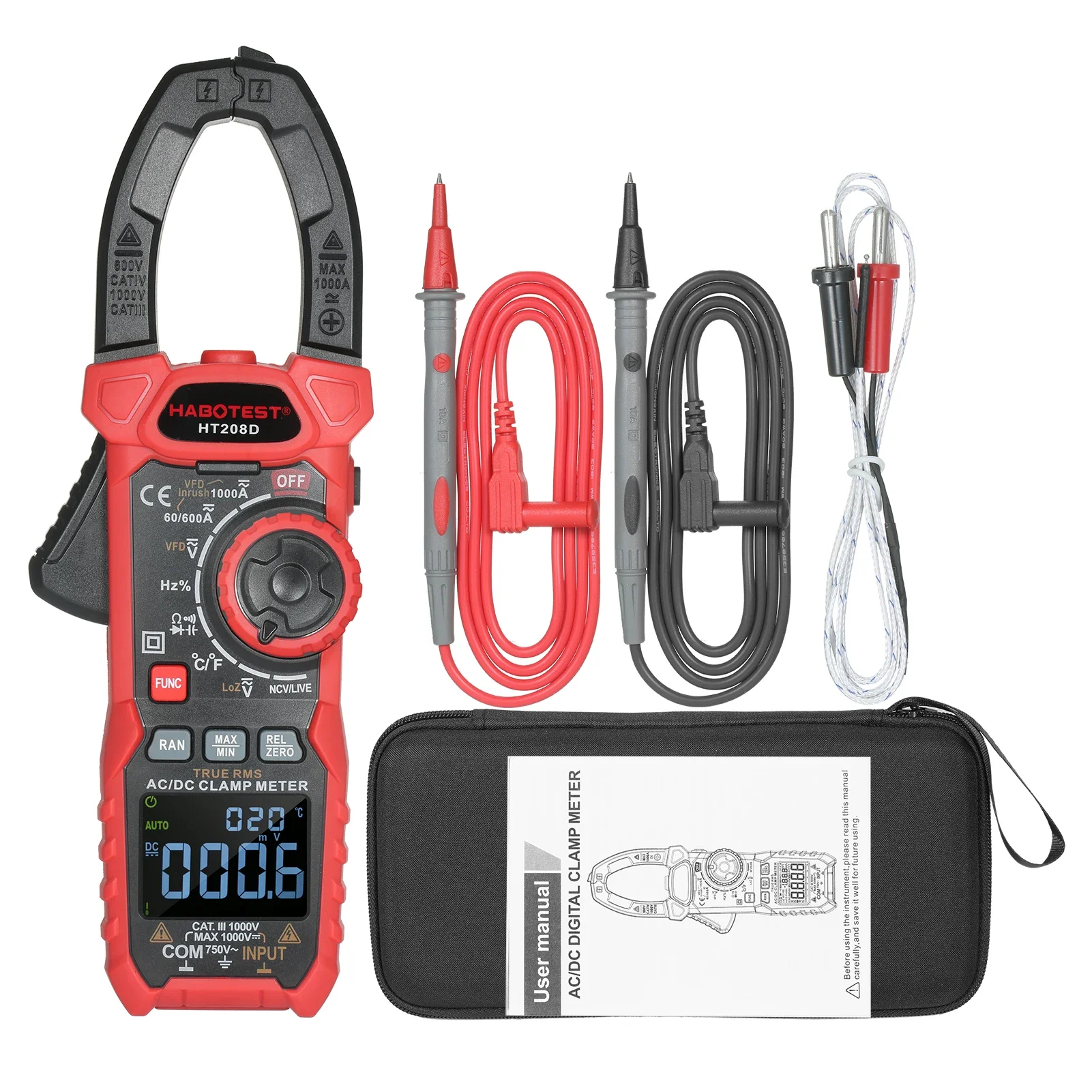 For HT208D/HT208A AC/DC Digital Clamp Meter Ammeter TrueRMS Multimeter Anto-Ranging Tester Current Clamp with Amp Volt Ohm Diode