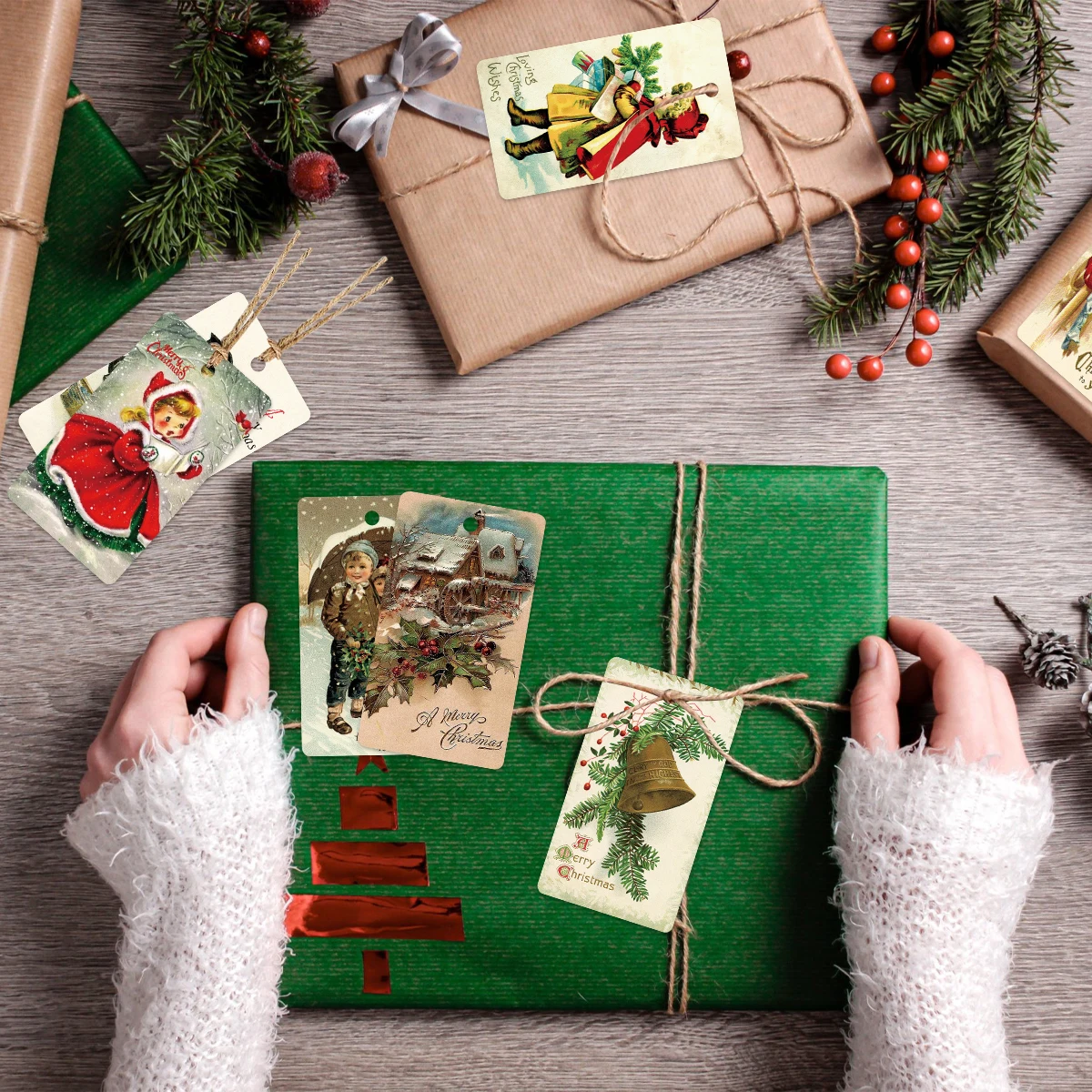 50 Stück Vintage-Geschenkanhänger „Frohe Weihnachten“ mit hängenden Seilen, vorgestanztes Feiertagsverpackungs-Hängekarten für Party-Geschenkdekoration – Detail 7