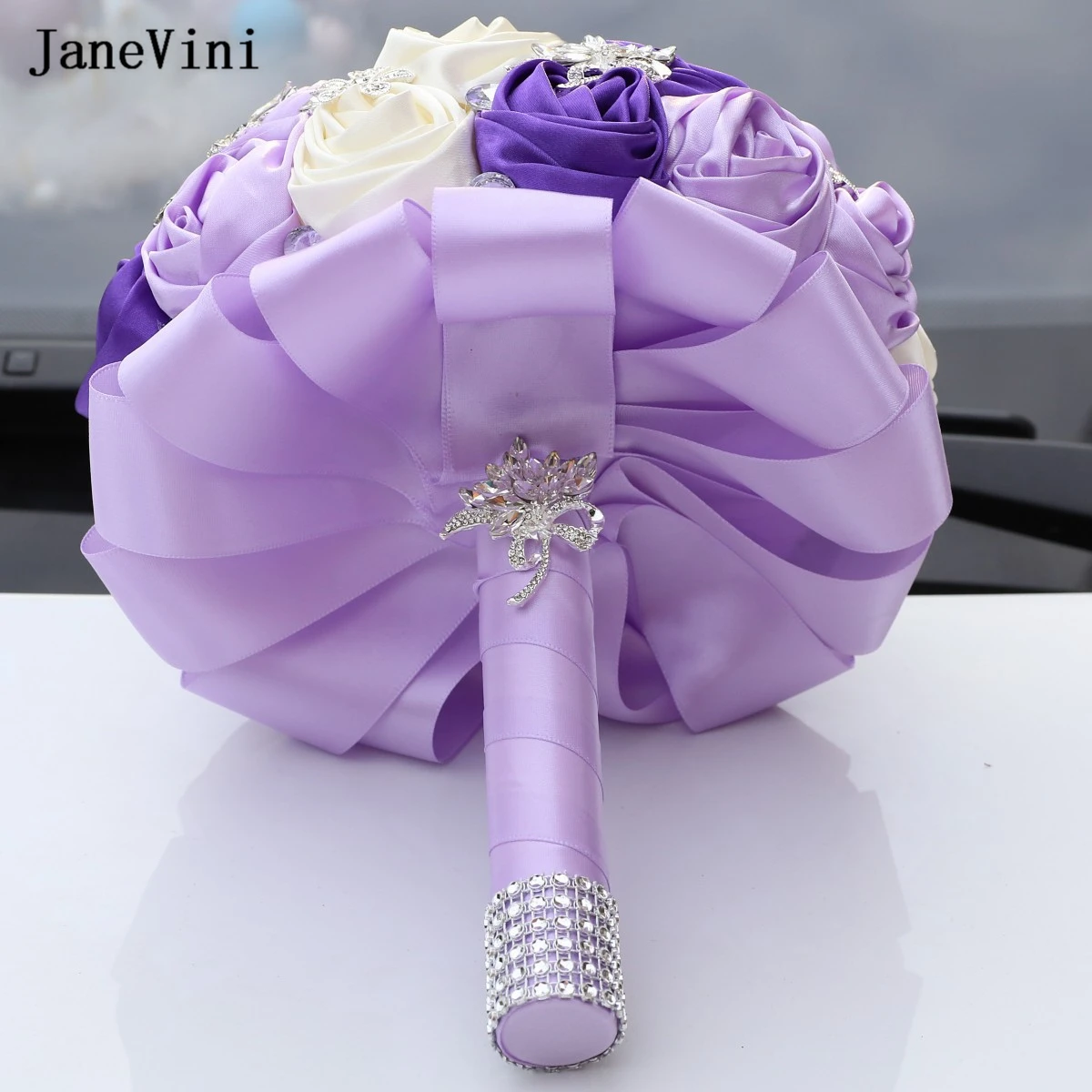 JaneVini 2023 Customized Light Purple Ivory Brooch Bouquet Ribbon Flowers Rhinestone Jewelry Bridal Bouquets Wedding Accessories