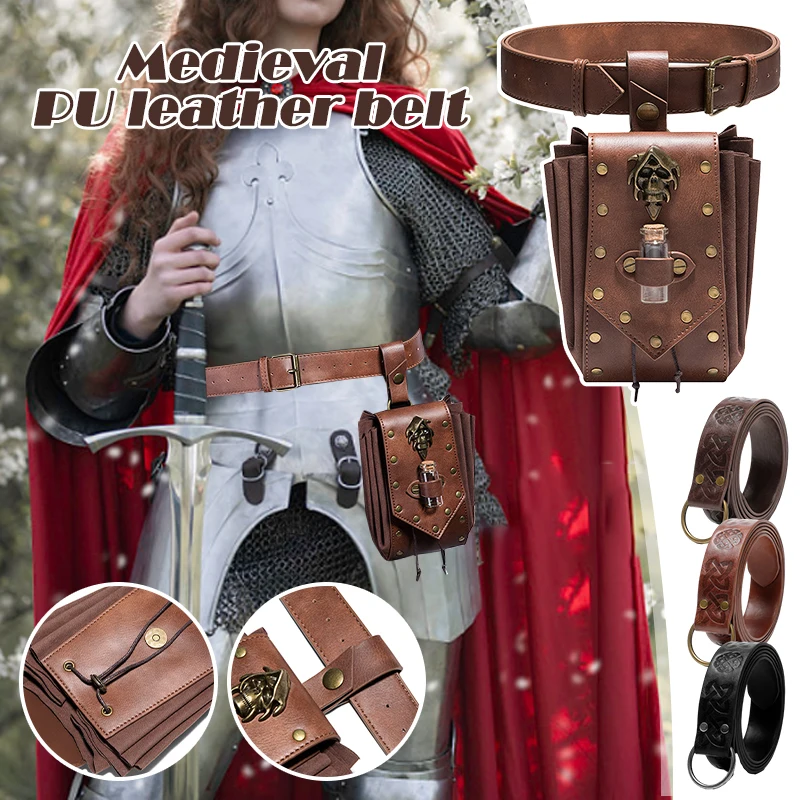 Medieval Belt Men Women PU Leather Retro Embossed Punk Belt Armor Set Renaissance Knight Waistband Pirate Cosplay Accessories