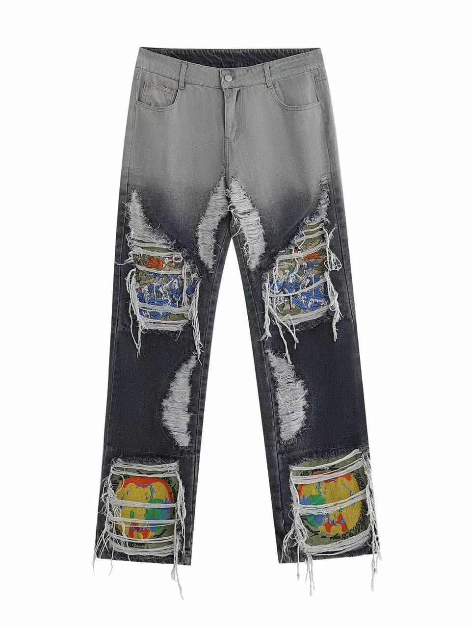 TRB European and American High Street Destroyed Brushed Washed Machine Embroidery Loose Jeans Niche Bleaching  Hip-Hop Pants