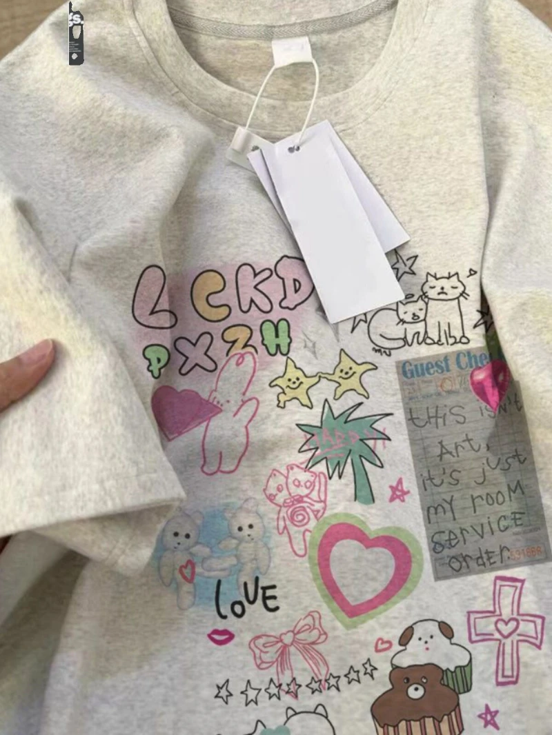 Cotton Summer Hong Kong Style Alphabet Printed Short Sleeve T-Shirt Women's Guochao Loose Street Hip Hop Couple Short Sleeve