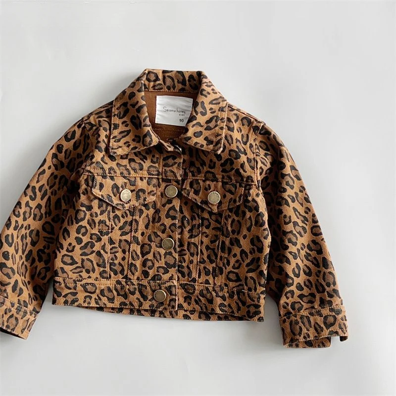 

3-12Y Outerwear Coat Childrens Clothing Boy Girl Leopard Print Loose Denim Tops Turn Down Collar Fashion 2025 Japanese Jacket