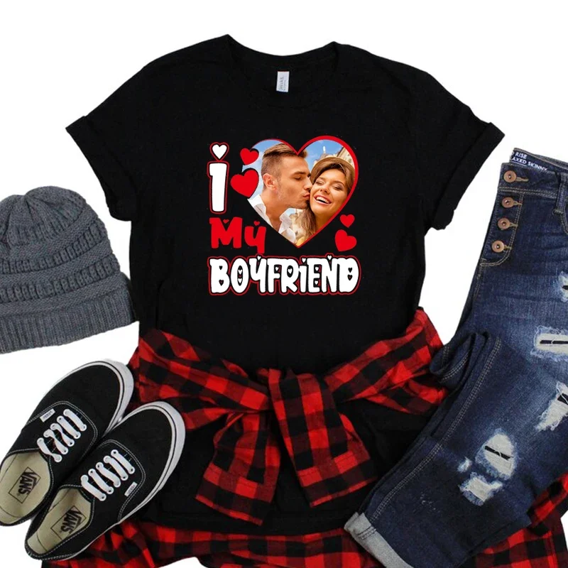 

I Love My Boyfriend Heart Box Printed Women T Shirts You Own Photo Here Print Picture Text Custome T-shirt High Quality Tshirt