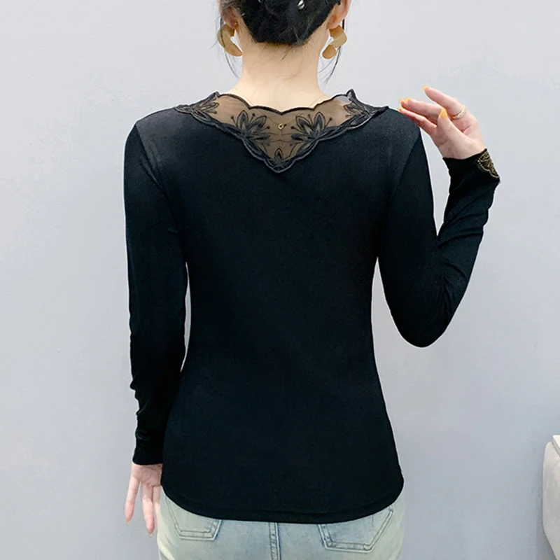 2025,New,Spring,European,Clothes,Mesh,T-Shirt,Fashion,Sexy,V-Neck,Patchwork,Lace,Diamonds,Women,Tops,Bottoming Shirt,Tees,58034