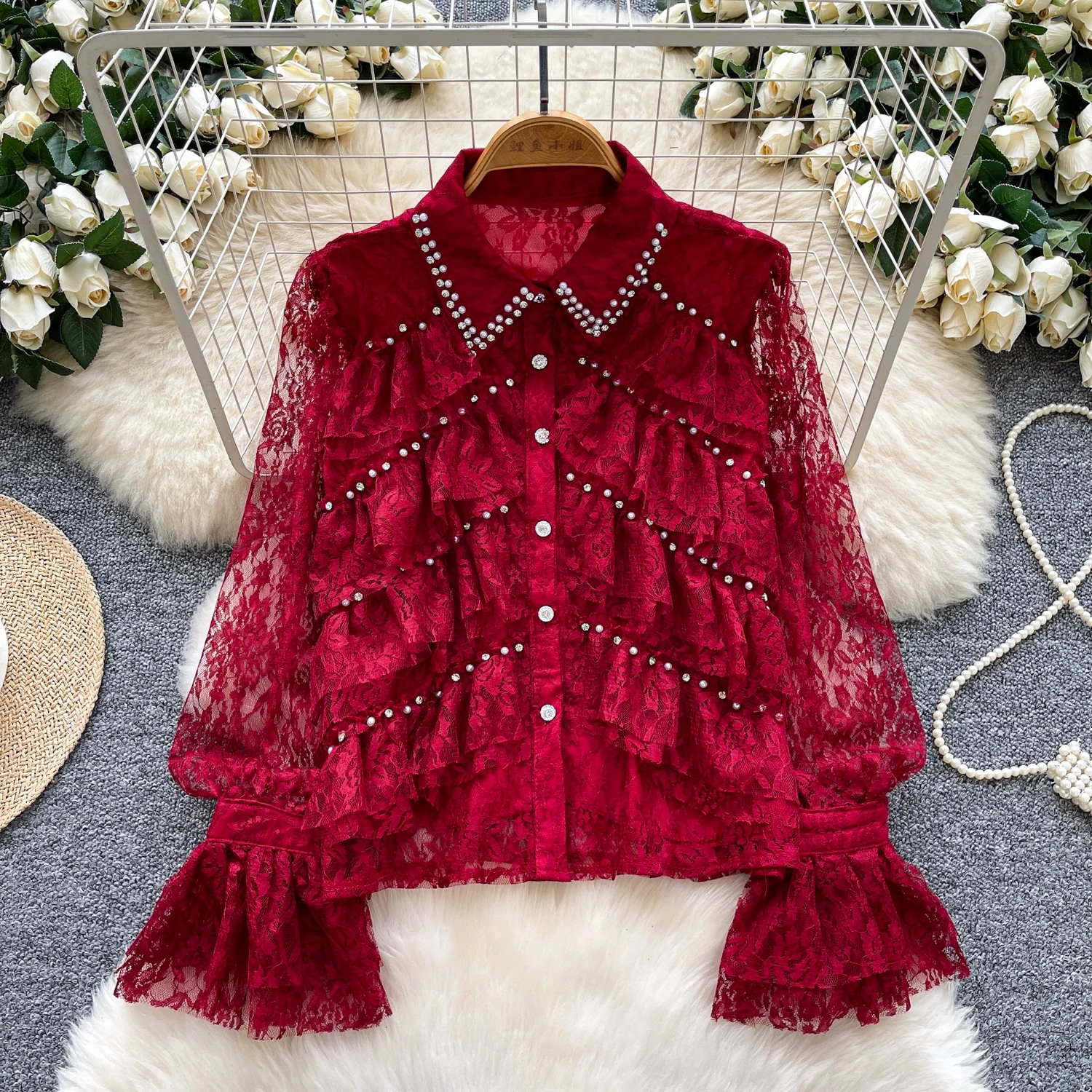 Beading diamante camisa feminina primavera outono novo estilo francês luz luxo manga borboleta casacos rendas temperamento vermelho topos