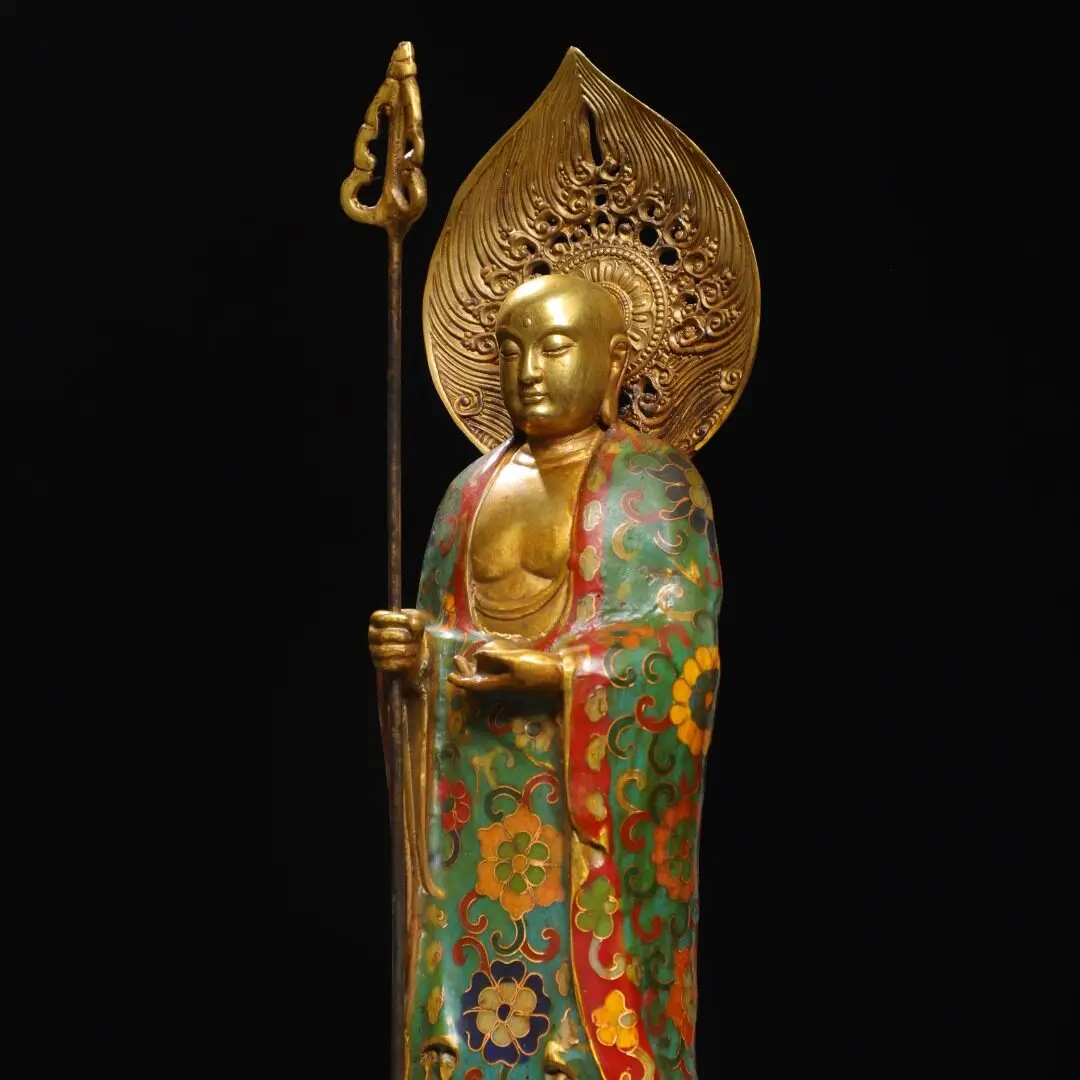 Antique Copper Cloisonne Enamel Ksitigarbha Bodhisattva Statue Serene Face Heavy Patina Fine Craftsmanship Home Decor