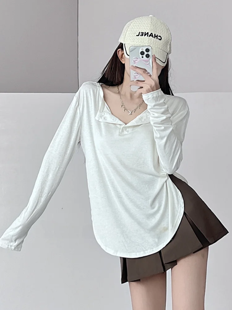 كسول الساخن فتاة طويلة Sve تي شيرت المرأة فضفاض الحماية من الشمس عادية Sle V-Ne لون نقي تخفيف Faion الصيف الأعلى #2