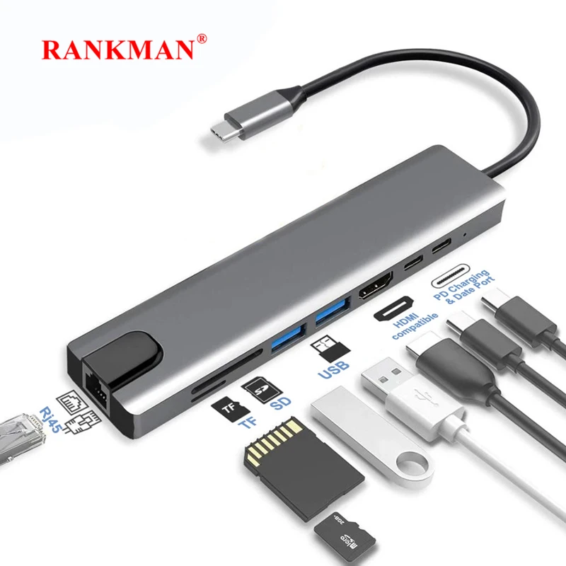 Rankman USB C Hub to RJ45 Lan 4K HDMI-Compatible USB 3.0 Type C Charging SD TF Card Reader for MacBook Samsung S21 Dex TV Laptop