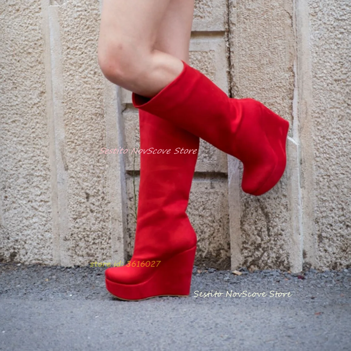 

Suede Wedges Knee High Boots Platform Slip On Classic Customized Color Round Toe Long Booties Autumn Sexy Women Party Daily Shoe