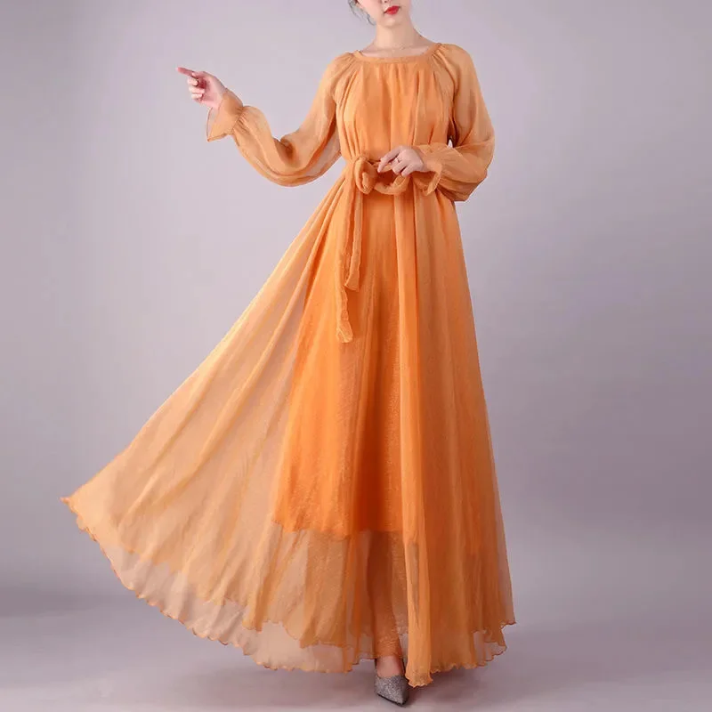 Elegant Chiffon Long Dress 2024 Spring/Summer New Long Sleeve Seaside Vacation Beach Dress Solid Color Elegant Ladies Vestidos