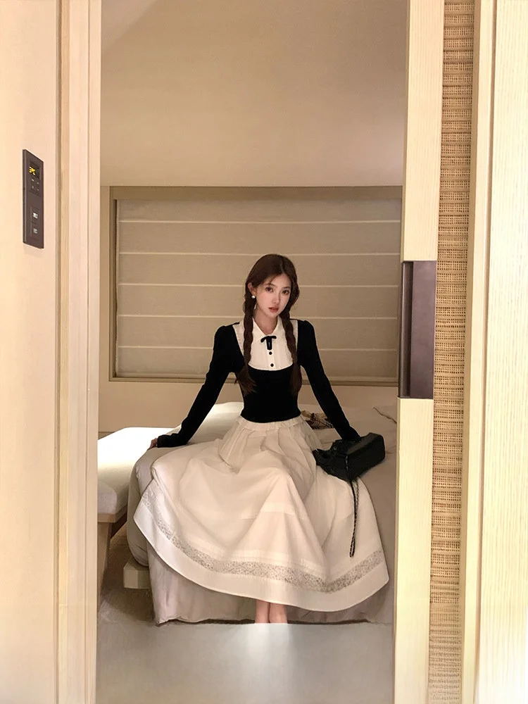 

Acaine Long Sve Knitted Dr Set Women's High Waist A-Line Skirt Two-Piece Autumn Outfit Ele Sle Cotton Blend