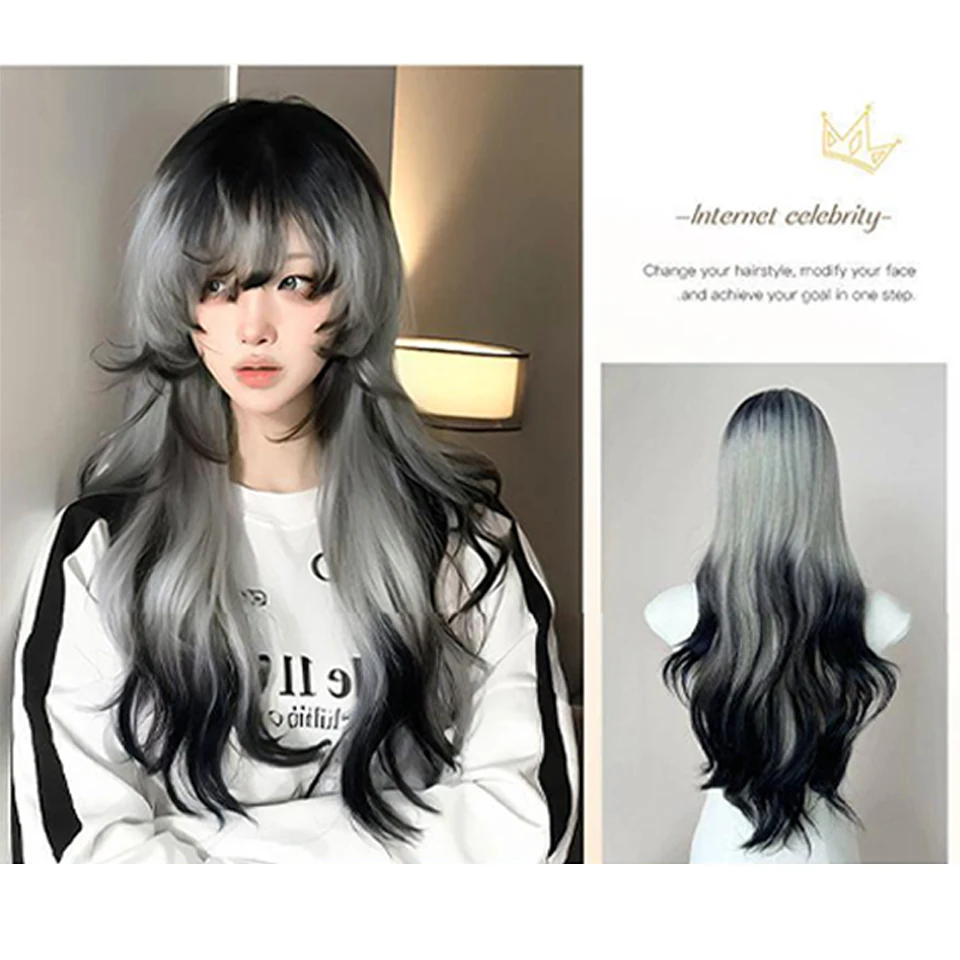 Synthetic Gradient Animal Hair Color For Cosplay Long Rolling Waves Layered Wigs with Bangs for Women Heat Resistant Fake Hair