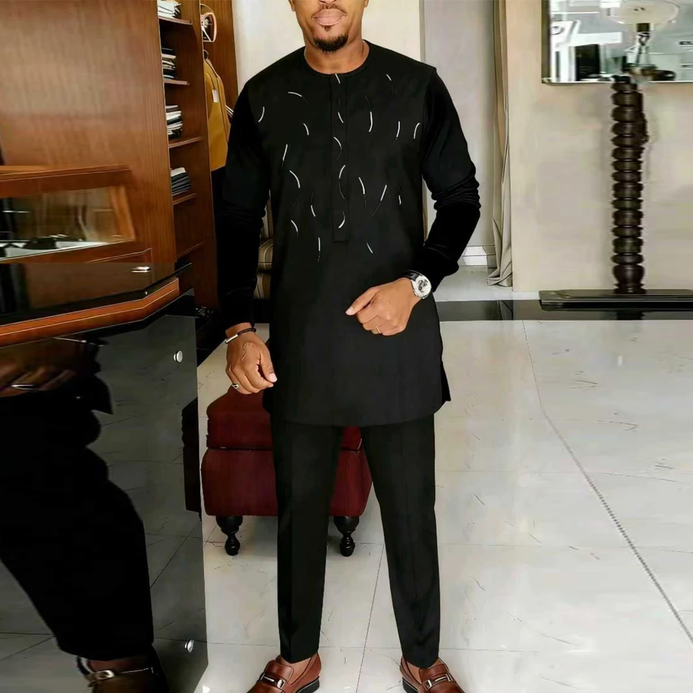 Dashiki الأفريقية الرجال دعوى طويلة الأكمام المطرزة قميص وسراويل 2 قطعة مجموعة قفطان احتفالي حفل زفاف الملابس التقليدية #4