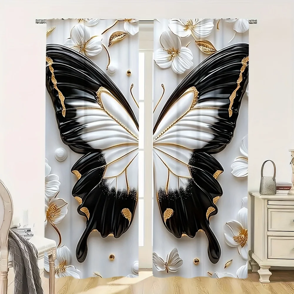 2pcs White Golden Butterfly Print Curtains, 2D Flat Spring Summer Design Easy Install No Rod Needed for Multi-Room Decor
