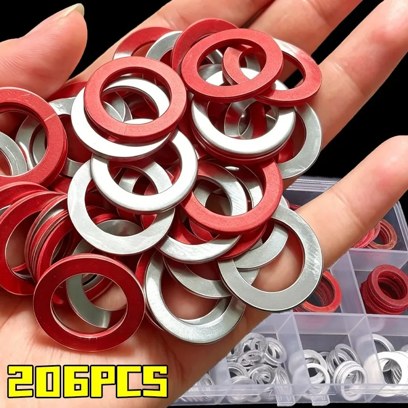 206pcs Aluminum Alloy O Ring Gasket with Red Paper Fiber Insulating Flat Washer Sealing Washers Gasket Hardware Fasteners