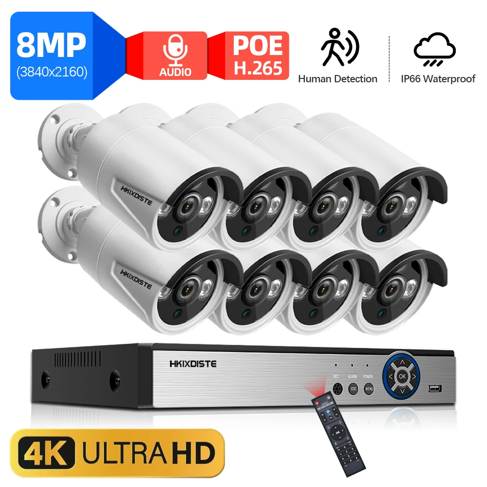 Ultra 4K HD POE IP Camera System 8CH NVR AI Detection Outdoor Built in Mic 8MP IP Camera Network CCTV Video Surveillance Kit