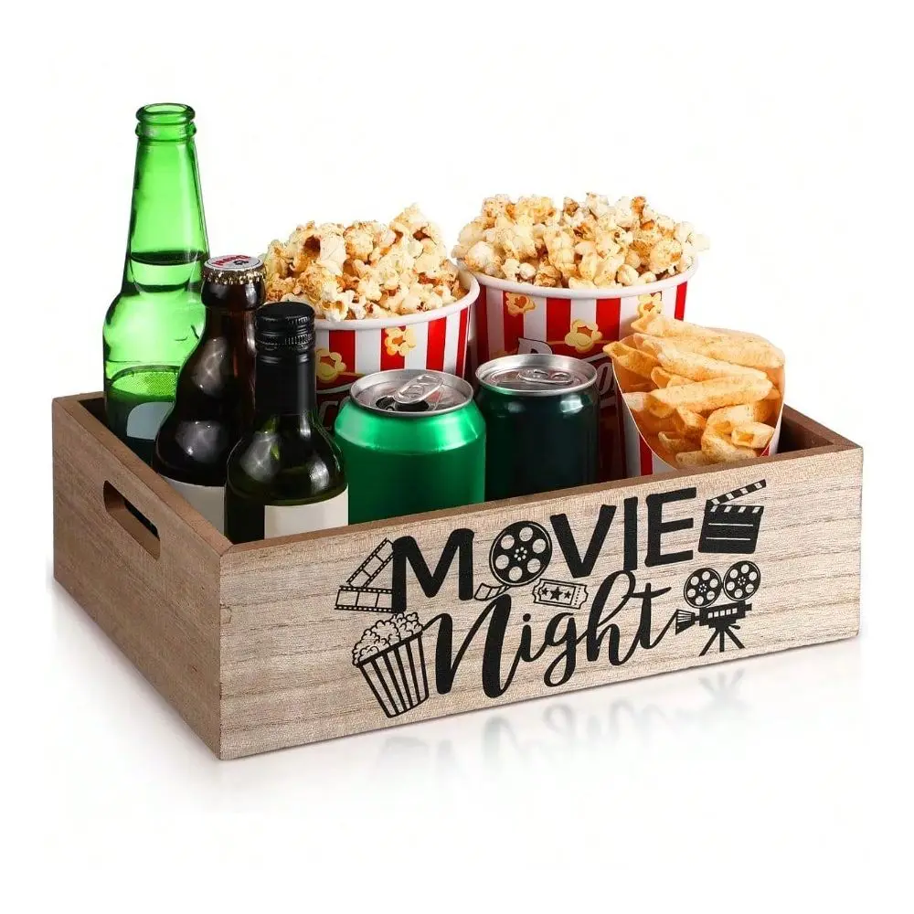

Night Supplies Snack Trays With Handles Reusable Wooden Movie Gift Basket For Theater Popcorn Bucket Bowl Box Container Family
