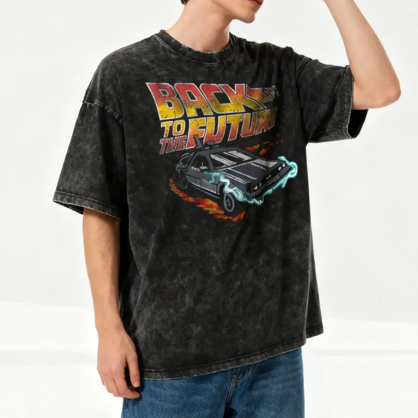 

Back to the Future Delorean Time Machine Graphic Men's Washed Streetwear Men's T-shirt Film Relaxed Casual Daily Wear Tee