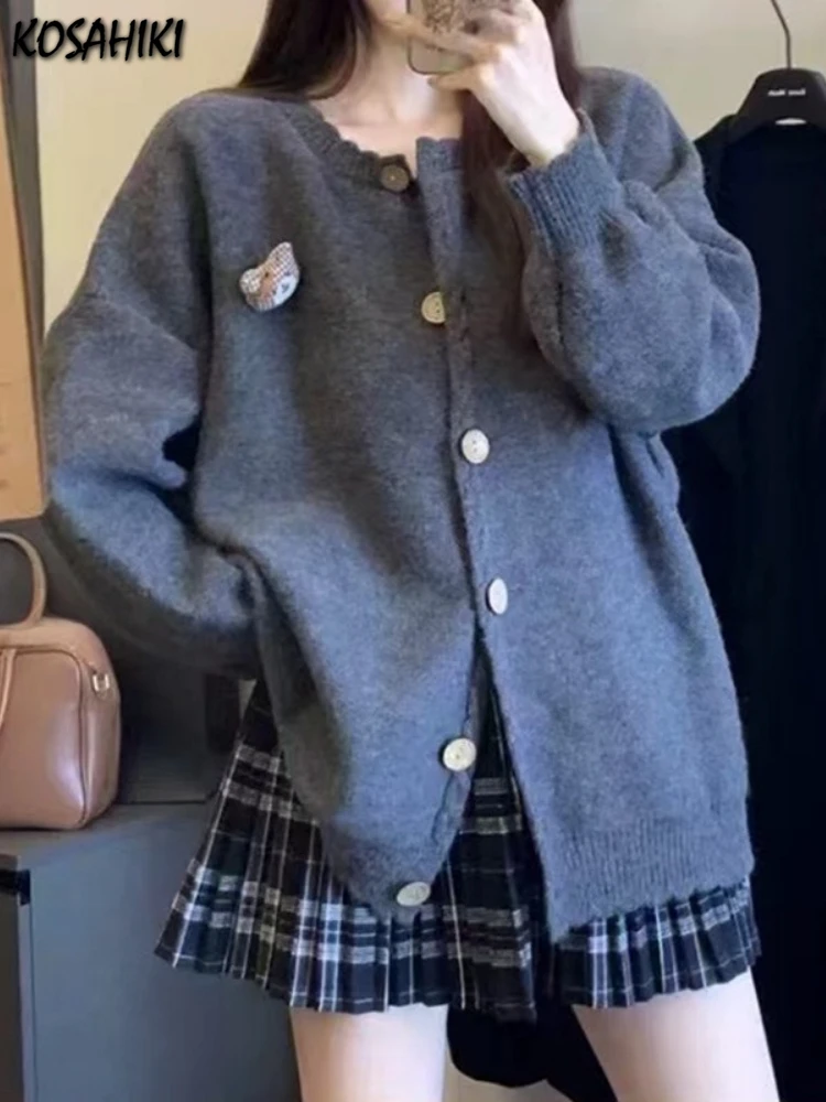 

2025 Autumn Harajuku Solid Knitted Grunge Cardigans Women Y2k Aesthetic Single Breasted Coats Preppy Style ​Casual Loose Sweater