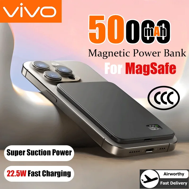 VIVO 50000mAh Thin Magnetic Wireless Power Bank 22.5W Fast Charging Portable External Battery for Magsafe For iPhone Samsung