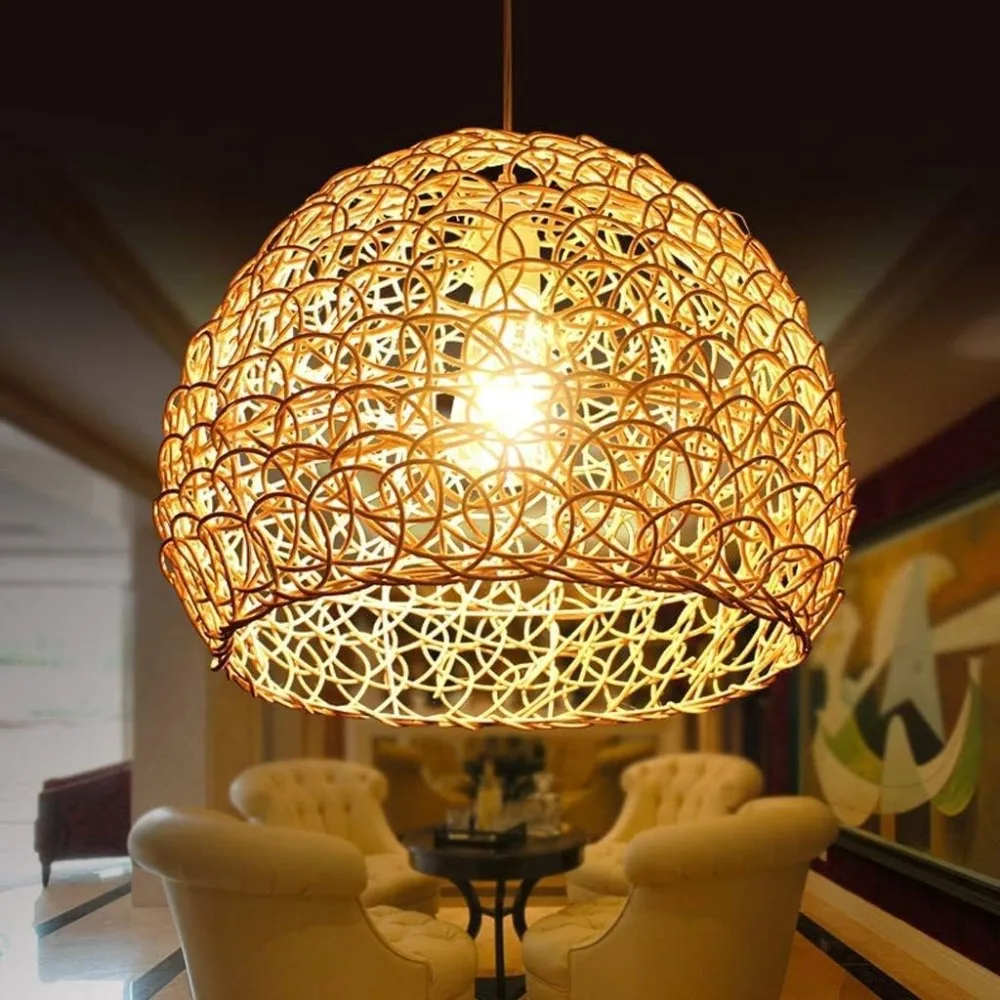 

25/36/50cm Vintage Chandeliers Handmade Rattan Woven Lampshade Adjustable Hanging Lamps Industrial Retro for Living Room Kitchen