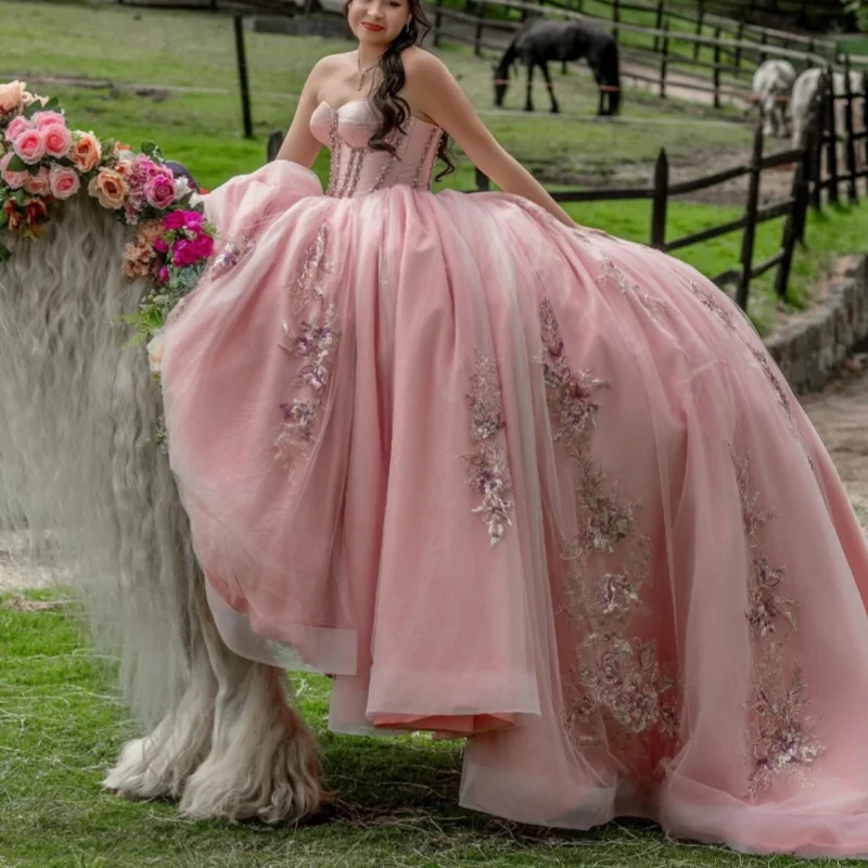 

Pink Quinceanera Dress off-shoulder Glitter 3D Flower Decal Long tail Bow Vestidos De 15 Quinceanera ﻿Customize