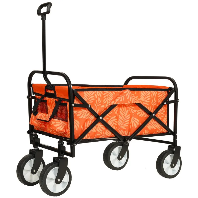 

Colorful Collapsible Foldable Wagon Cart With Strapping System Beach Wagon Utility Wagon Grocery Cart Support 225lbs Orange Leaf