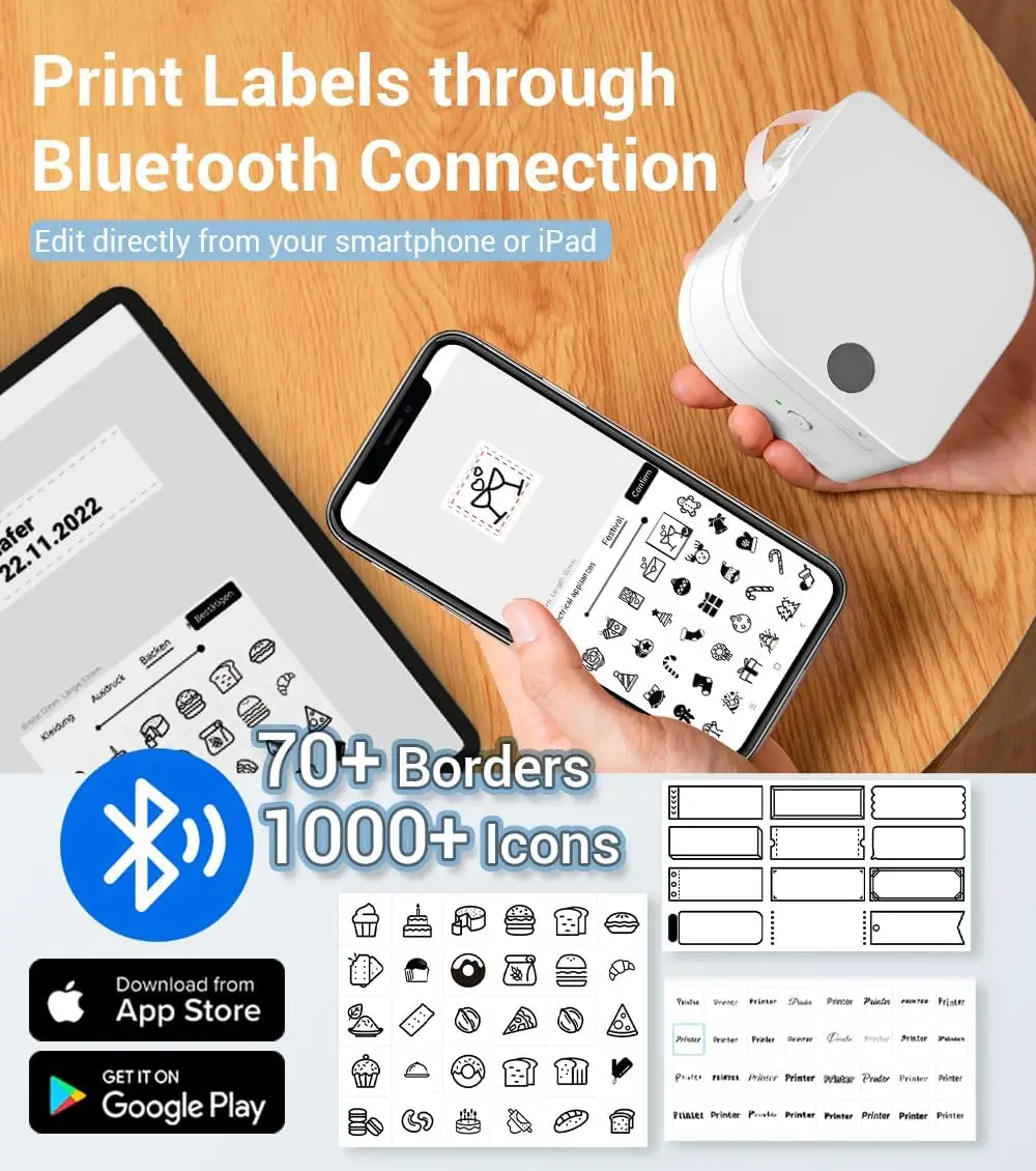 Phomemo P12 pembuat Label Bluetooth portabel, pencetak Label termal dengan berbagai template ikon untuk penyimpanan, kantor, rumah