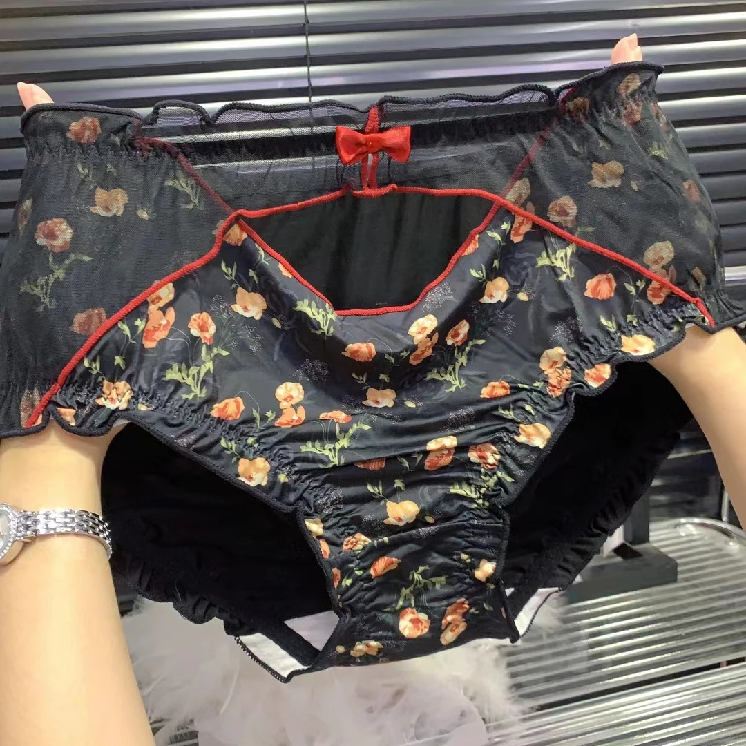 Chinese Style Plus Size Women's Panties High Waisted Floral Satin Underwear Sheer Lace Sexy  lingeries curvy  Hollow-out Briefs image 2