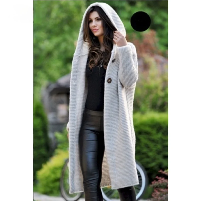 Women\'s Loose Knit Cardigan Sweater Hooded Mid-length Coat Fashion Sweaters 2023 Cardigans for Woman Knitwear Womens Clothing