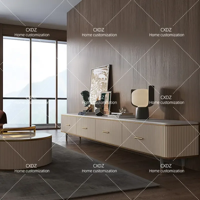 Light Luxury Coffee Table and TV Cabinet Set Living Room Minimalist Rock Slab Piano Finish Floor Standing High Leg Extra Long