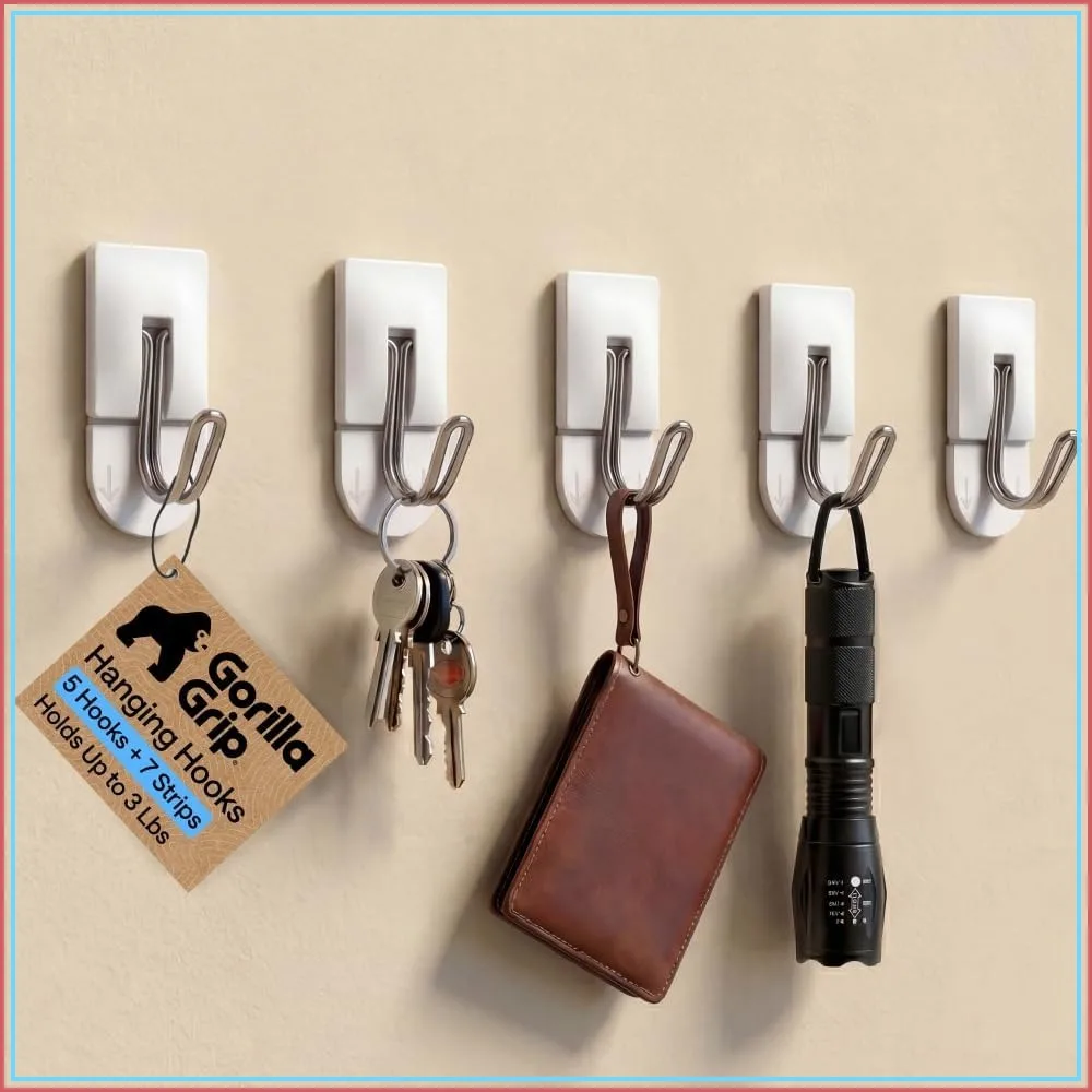 Heavy Duty Self Adhesive Wall Hooks, Damage-Free Removable Metal Hooks for Hanging Towels, Coats, Keys, Purse, Kitchen Bathroom, 5 Pack