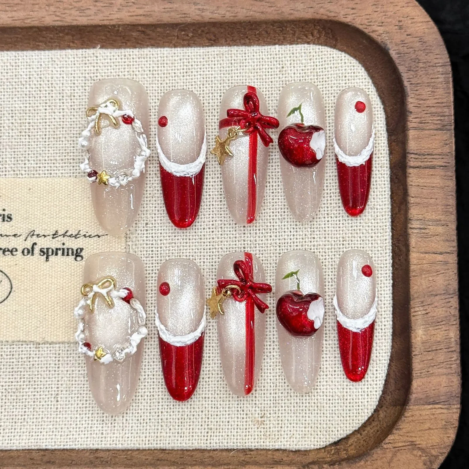 10PCS Christmas Theme Fake Nails with Glitter Rhinestone Design Red French Almond False Nails Wearable Cat Eye Press on Nails