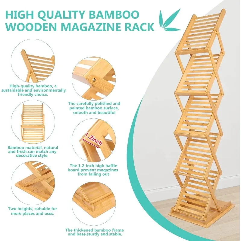 حامل أرضي للمجلات قابل للطي عالي الجودة، حامل عرض كتيب من خشب الخيزران للمكتب المنزلي